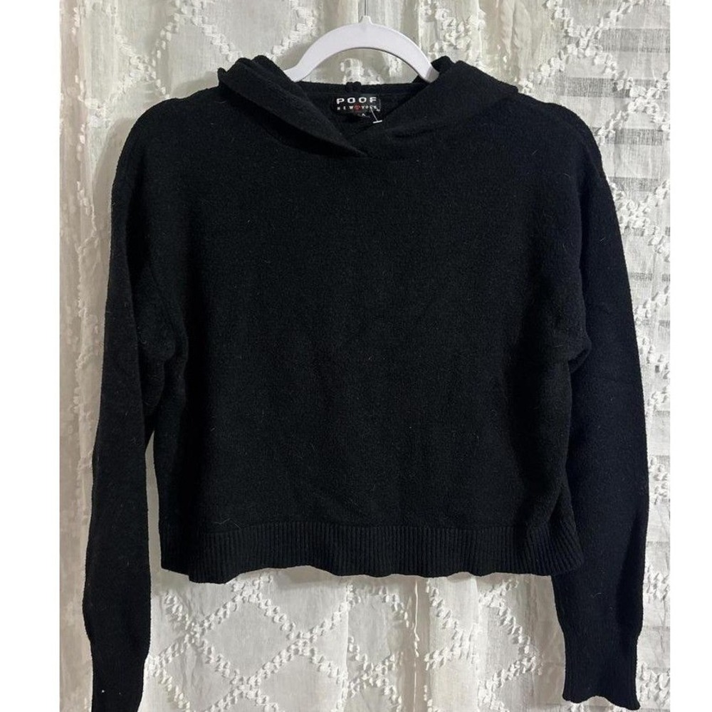 Poof New York Black Cropped‎ Knit Hoodie Sweater Womens Size Large L Pullover